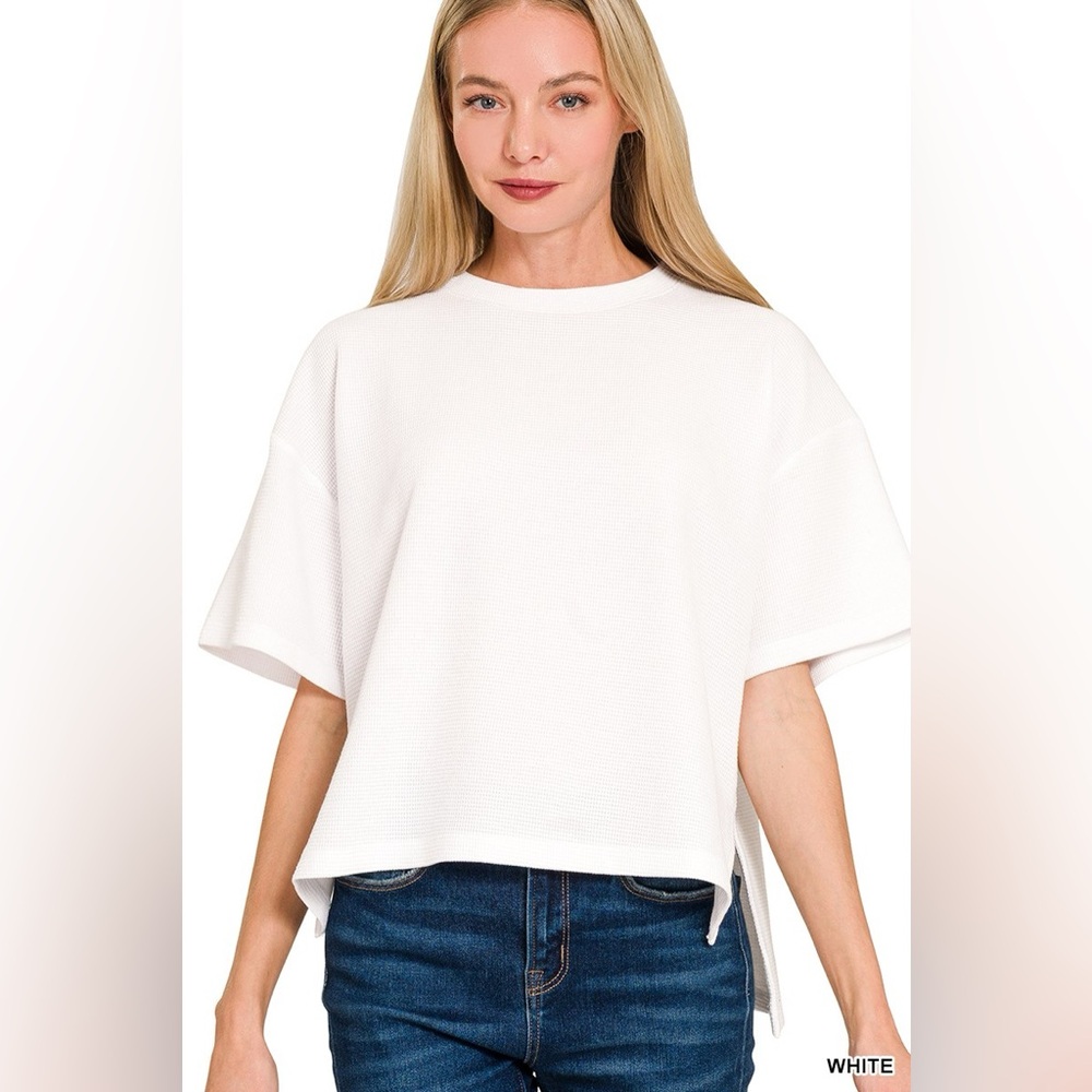 Zenana Full Size Double Knit Side Slits Hi Low Short Sleeve Top Plus Size